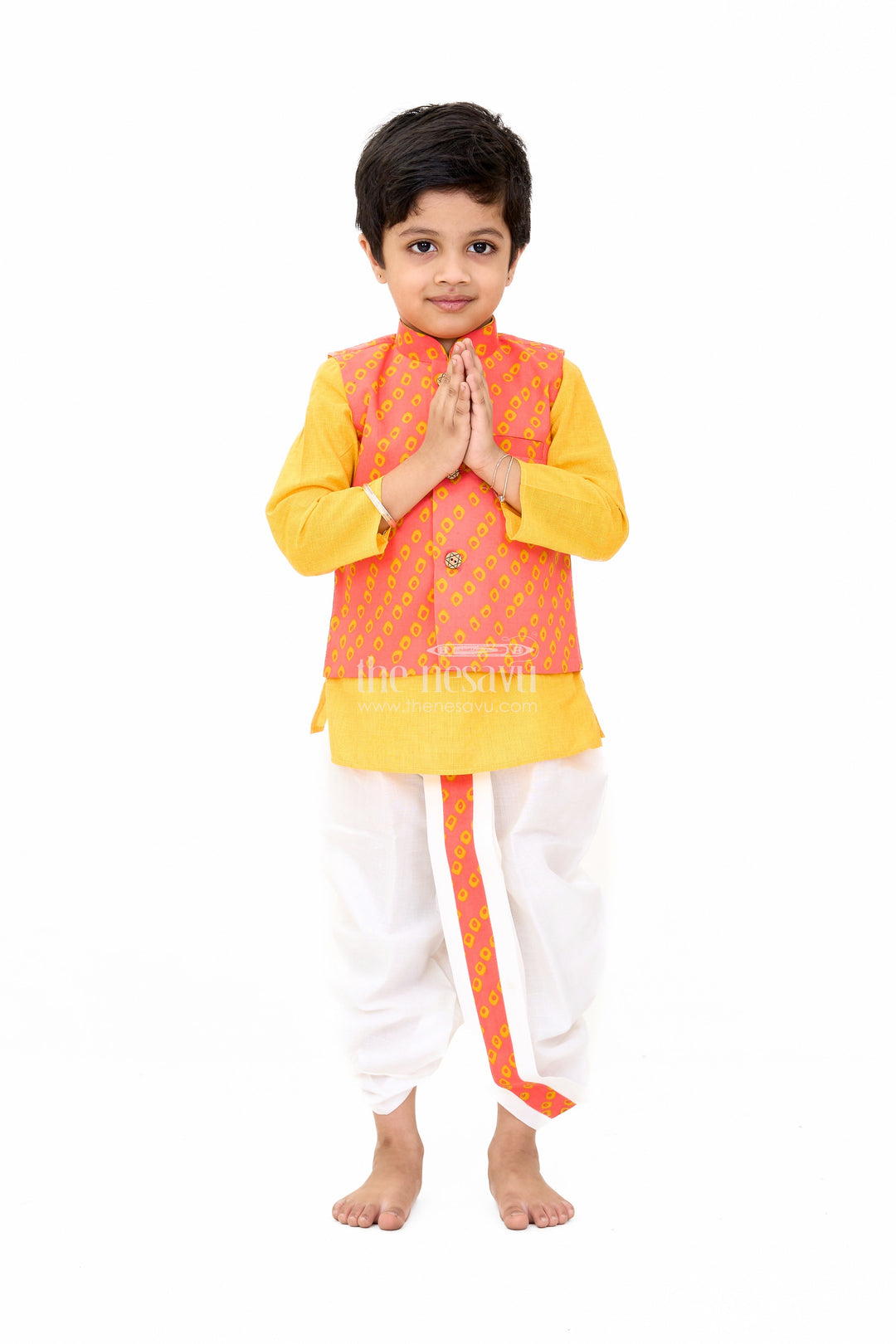 The Nesavu Boys Dothi Set Boys Red and Yellow Wedding Kurta Set with Embroidered Nehru Jacket and Traditional Dhoti Nesavu Nesavu Boys Red Yellow Wedding Kurta Set Embroidered Nehru Jacket Traditional Dhoti