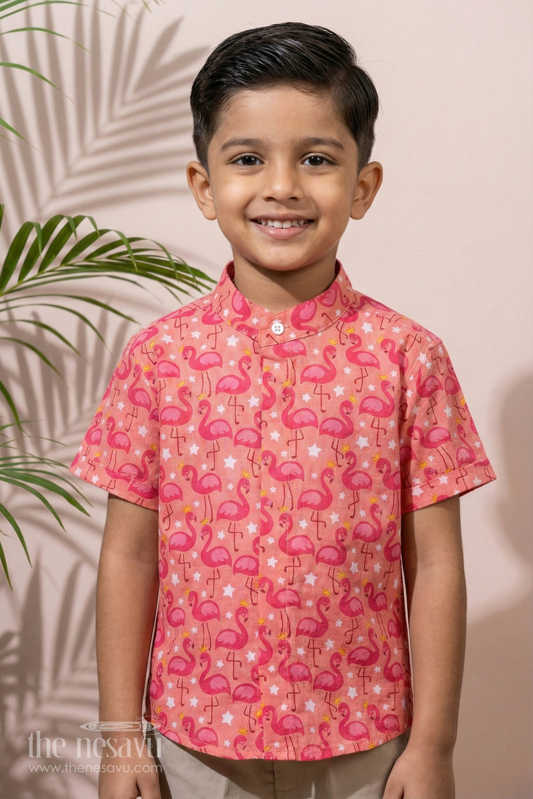 The Nesavu Boys Cotton Shirt Boys Red Shirt Half Sleeve in Cotton Block Print with Flamingo Pattern Nesavu 16 (1Y) / Orange BS243B-16 Boys Red Shirt Half Sleeve Cotton Block Print Flamingo Design | The Nesavu