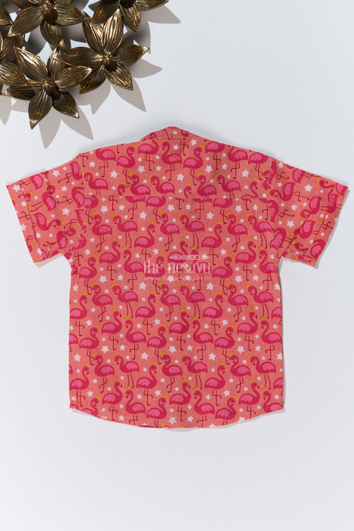 The Nesavu Boys Cotton Shirt Boys Red Shirt Half Sleeve in Cotton Block Print with Flamingo Pattern Nesavu Nesavu Boys Red Shirt Half Sleeve Cotton Block Print Flamingo Design