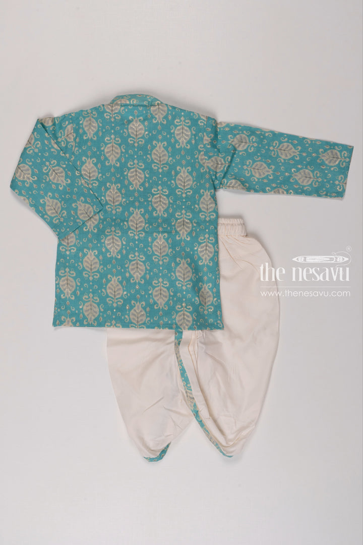 The Nesavu Boys Dothi Set Boys Refreshing Aqua Leaf Print Kurta with White Dhoti Set Nesavu Boys Aqua Leaf Print Kurta Dhoti Set | Elegant Festive Outfit for Kids | The Nesavu
