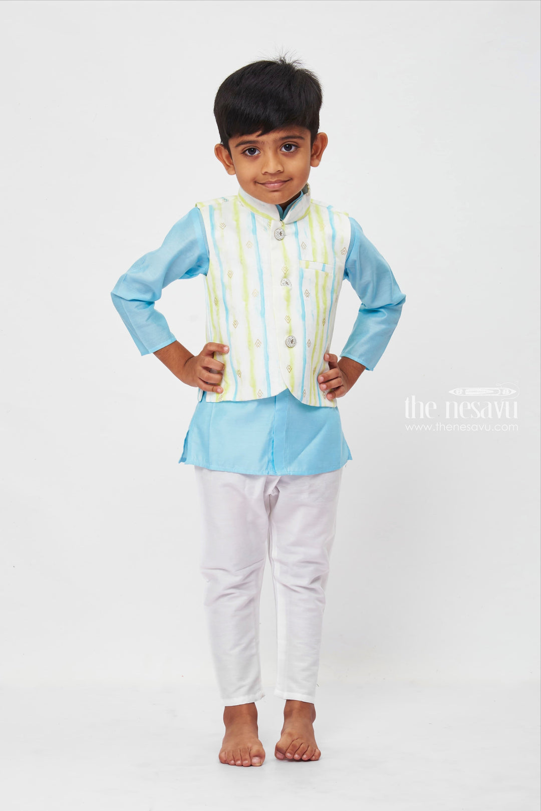 The Nesavu Boys Jacket Sets Boys Refreshing Sky Blue and White Ethnic Kurta Set with Pastel Accents Nesavu 12 (3M) / Blue / Linen BES458A-12 Traditional Kurta Pajama for boys | Comfortable Traditional Clothes for kids | The Nesavu