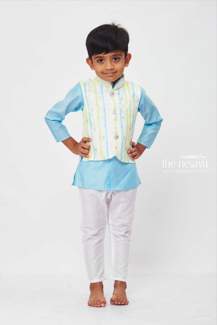 The Nesavu Boys Jacket Sets Boys Refreshing Sky Blue and White Ethnic Kurta Set with Pastel Accents Nesavu 12 (3M) / Blue / Linen BES458A-12 Traditional Kurta Pajama for boys | Comfortable Traditional Clothes for kids | The Nesavu