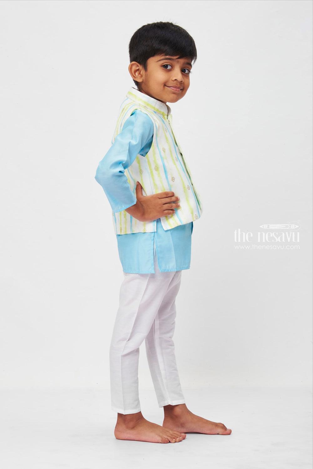 The Nesavu Boys Jacket Sets Boys Refreshing Sky Blue and White Ethnic Kurta Set with Pastel Accents Nesavu Traditional Kurta Pajama for boys | Comfortable Traditional Clothes for kids | The Nesavu