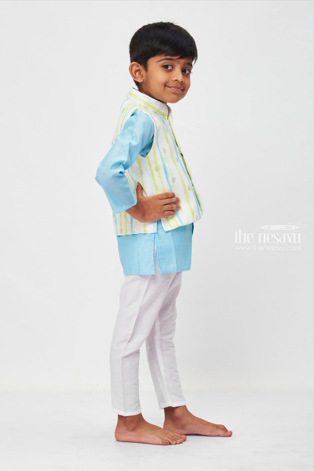 The Nesavu Boys Jacket Sets Boys Refreshing Sky Blue and White Ethnic Kurta Set with Pastel Accents Nesavu Traditional Kurta Pajama for boys | Comfortable Traditional Clothes for kids | The Nesavu