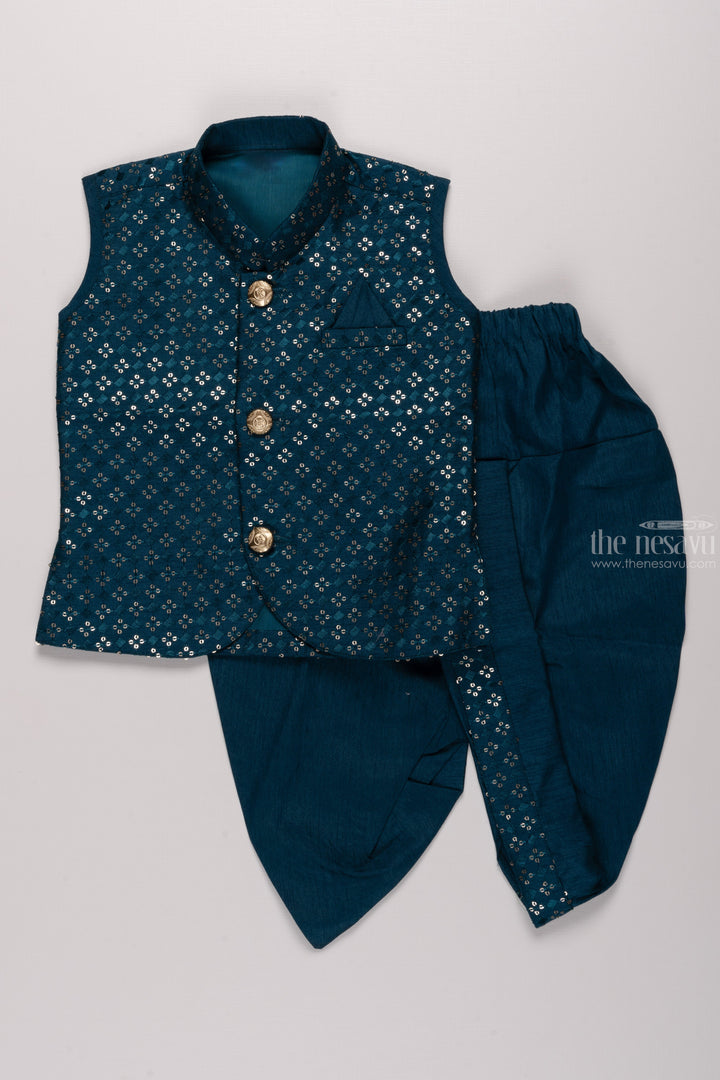 The Nesavu Boys Jacket Sets Boys Regal Blue Kurta with Sequin Embroidery & Dothi Set Nesavu 14 (6M) / Blue / Blend Silk BES438A-14 Boys Luxurious Blue Ensemble | Blend Silk Kurta with Sequin Embroidery & Dothi | The Nesavu