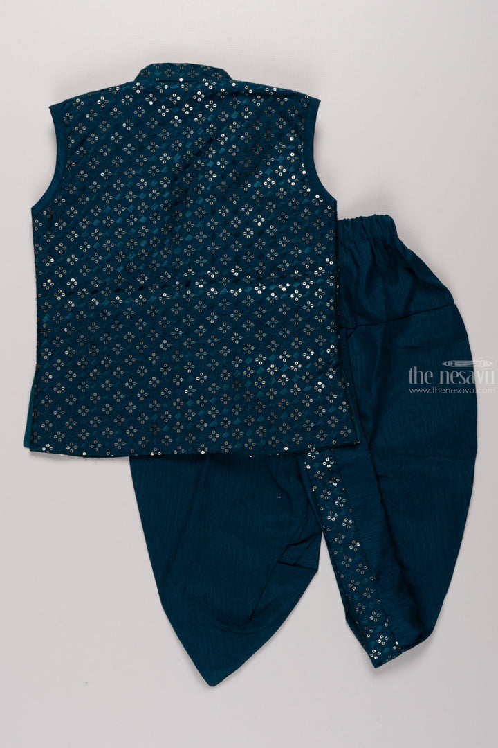 The Nesavu Boys Jacket Sets Boys Regal Blue Kurta with Sequin Embroidery & Dothi Set Nesavu Boys Luxurious Blue Ensemble | Blend Silk Kurta with Sequin Embroidery & Dothi | The Nesavu