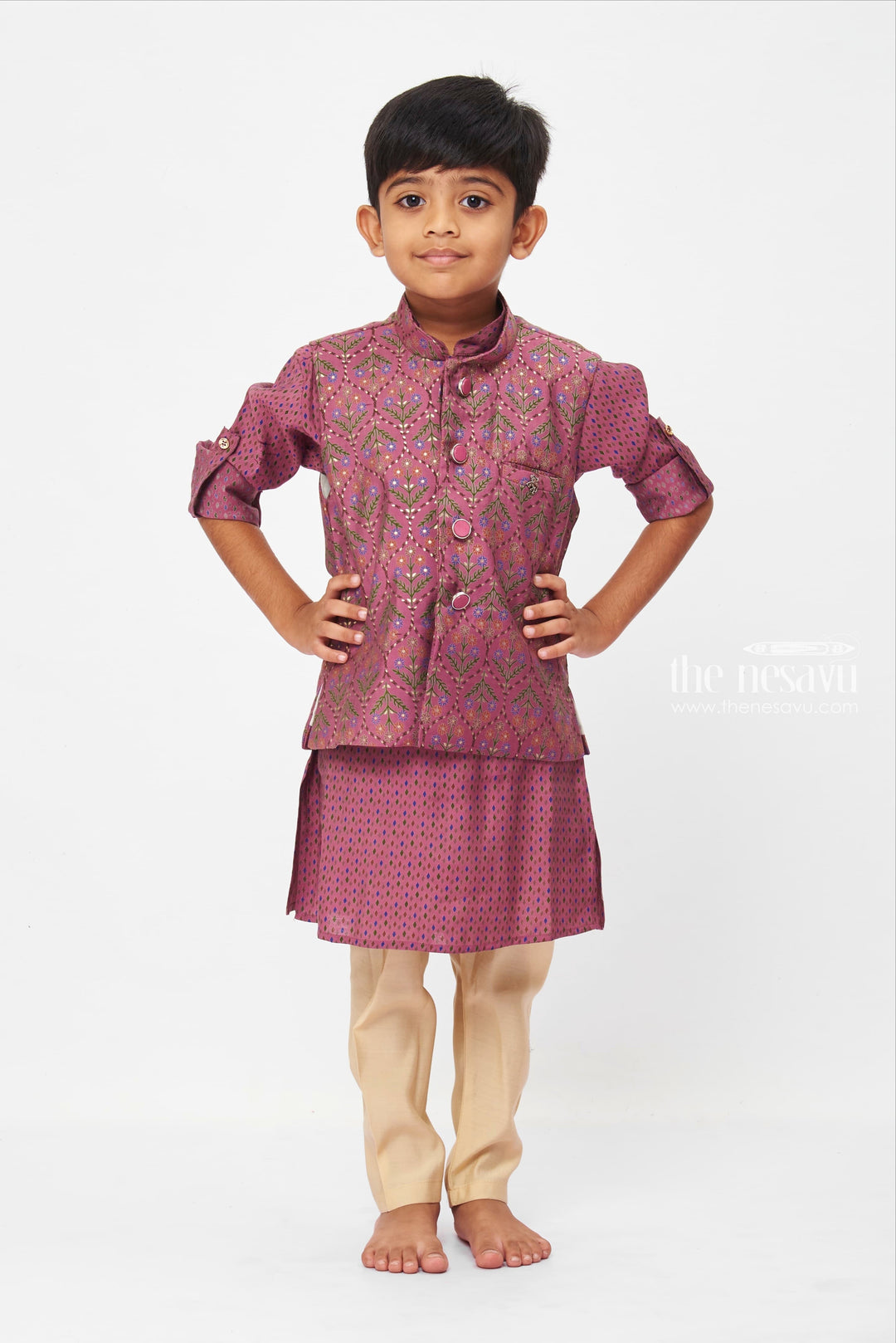 The Nesavu Boys Jacket Sets Boys Regal Purple Kurtha with Botanical Printed and Patterned Jacket Nesavu 10 (NB) / Purple / Modal Chanderi BES455A-10 Embrace Elegance: Classic Kurta and Jacket Ensemble | Complete with Pants | The Nesavu