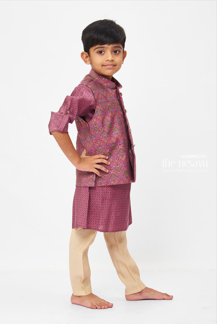 The Nesavu Boys Jacket Sets Boys Regal Purple Kurtha with Botanical Printed and Patterned Jacket Nesavu Embrace Elegance: Classic Kurta and Jacket Ensemble | Complete with Pants | The Nesavu