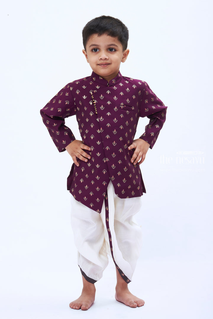 The Nesavu Boys Dothi Set Boys Regal Purple Printed Kurta with White Dhoti Set Nesavu 12 (3M) / Purple / Cotton BES489B-12 Boys Elegant Purple Kurta White Dhoti Set | Luxurious Festive Attire | The Nesavu