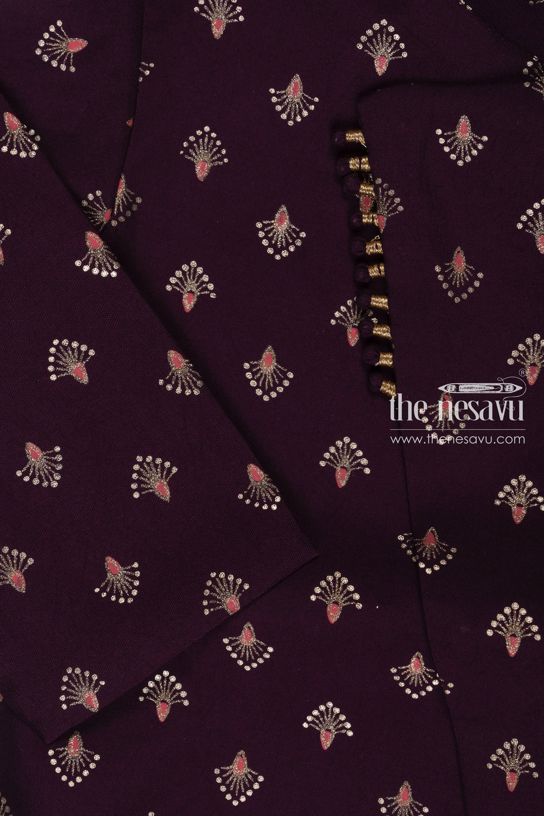 The Nesavu Boys Dothi Set Boys Regal Purple Printed Kurta with White Dhoti Set Nesavu Boys Elegant Purple Kurta White Dhoti Set | Luxurious Festive Attire | The Nesavu