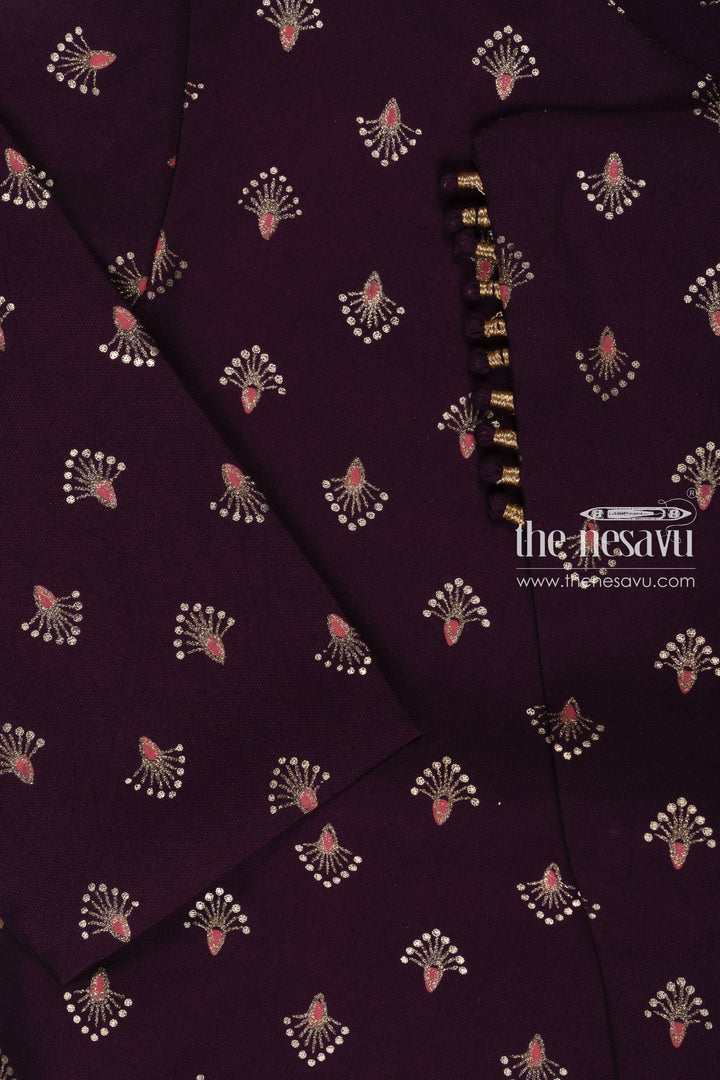 The Nesavu Boys Dothi Set Boys Regal Purple Printed Kurta with White Dhoti Set Nesavu Boys Elegant Purple Kurta White Dhoti Set | Luxurious Festive Attire | The Nesavu