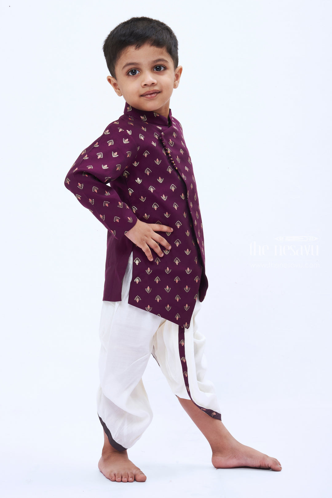 The Nesavu Boys Dothi Set Boys Regal Purple Printed Kurta with White Dhoti Set Nesavu Boys Elegant Purple Kurta White Dhoti Set | Luxurious Festive Attire | The Nesavu