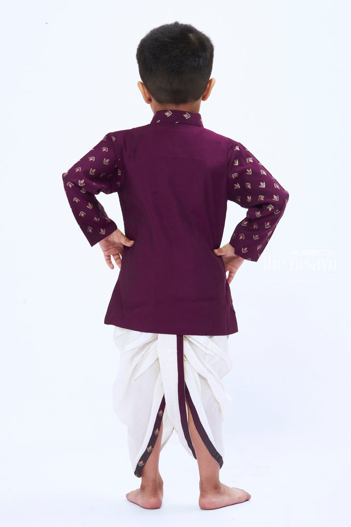 The Nesavu Boys Dothi Set Boys Regal Purple Printed Kurta with White Dhoti Set Nesavu Boys Elegant Purple Kurta White Dhoti Set | Luxurious Festive Attire | The Nesavu