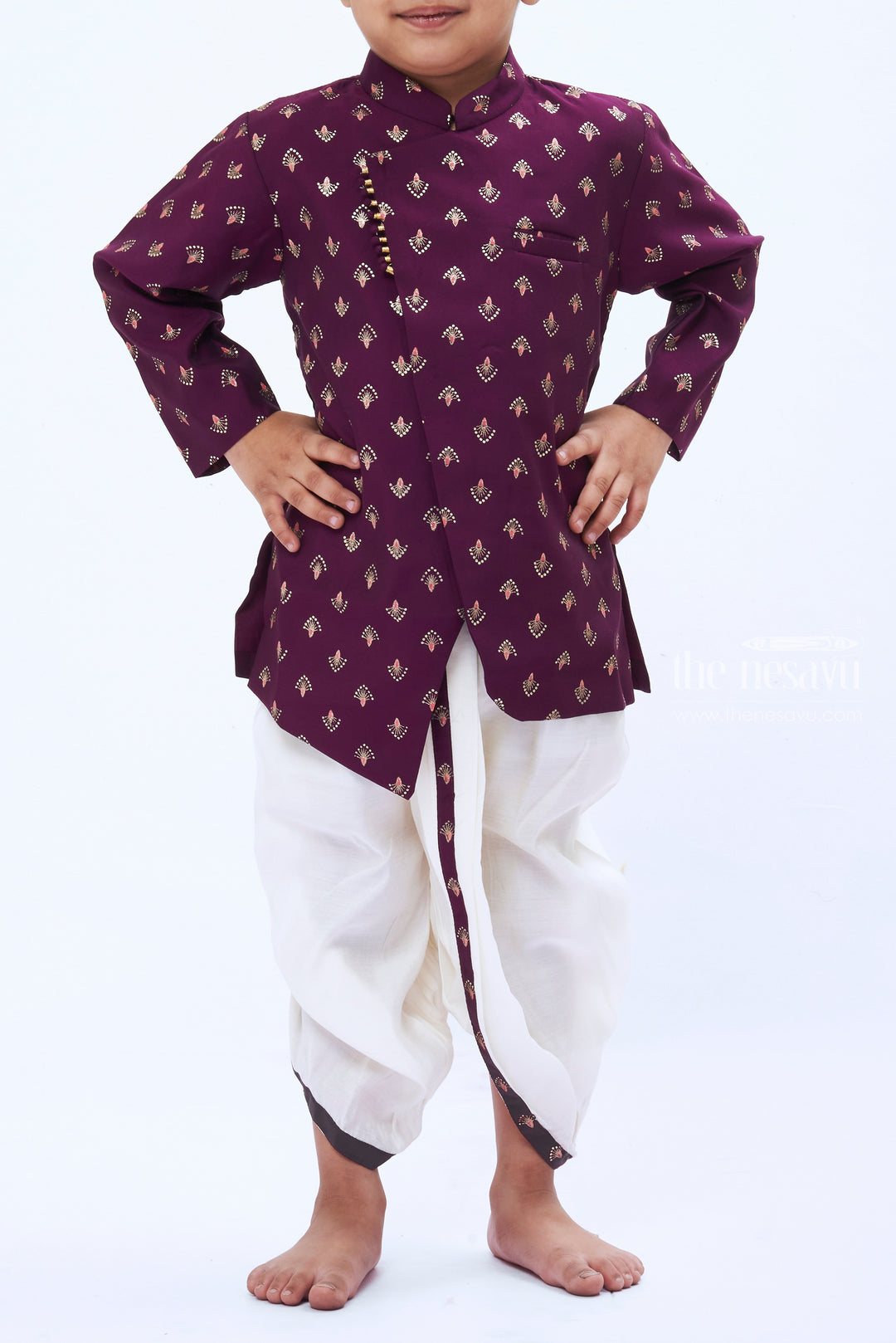 The Nesavu Boys Dothi Set Boys Regal Purple Printed Kurta with White Dhoti Set Nesavu Boys Elegant Purple Kurta White Dhoti Set | Luxurious Festive Attire | The Nesavu