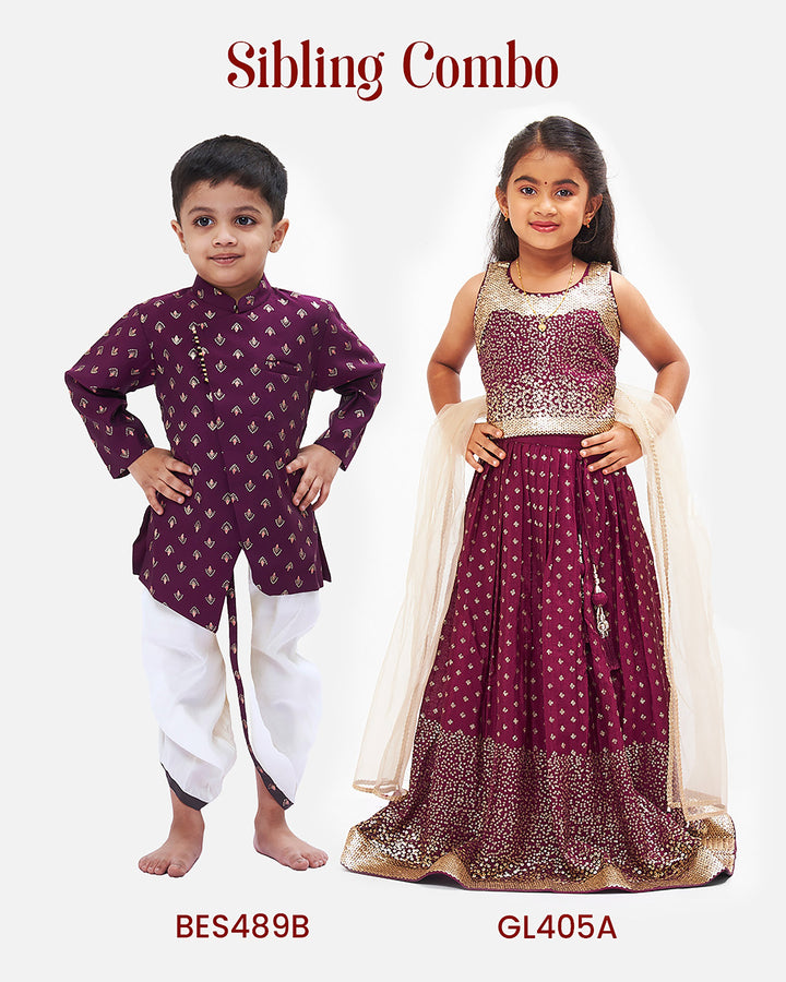 The Nesavu Boys Dothi Set Boys Regal Purple Printed Kurta with White Dhoti Set Nesavu Boys Elegant Purple Kurta White Dhoti Set | Luxurious Festive Attire | The Nesavu