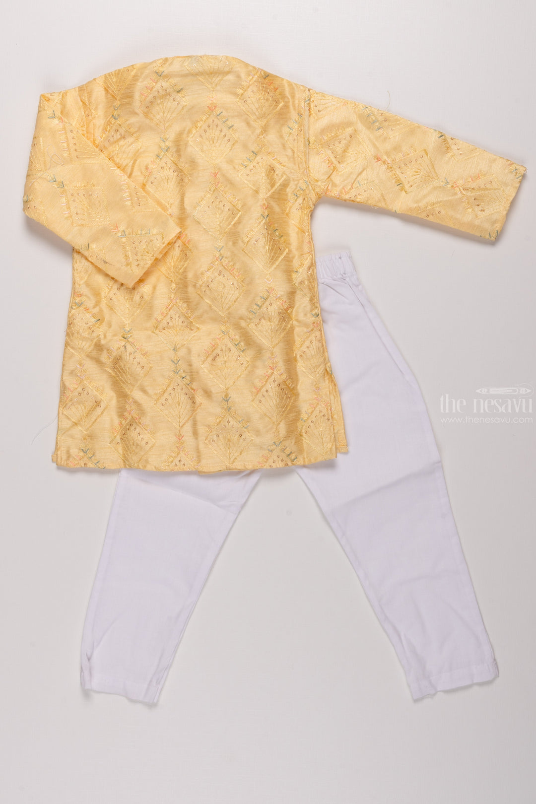 The Nesavu Boys Kurtha Set Boys Regal Yellow Kurta with Geometric Embroidery & Crisp White Pants Nesavu Boys Embroidered Yellow Kurtha with White Pants | Traditional Elegance Collection | The Nesavu