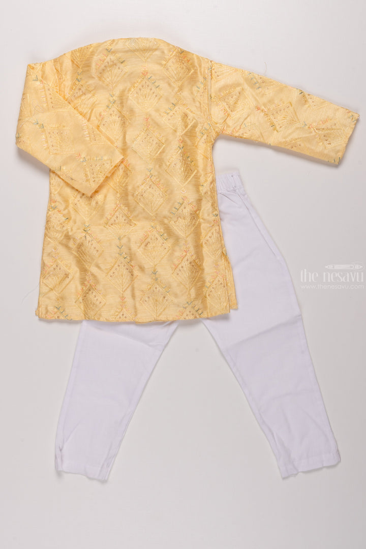 The Nesavu Boys Kurtha Set Boys Regal Yellow Kurta with Geometric Embroidery & Crisp White Pants Nesavu Boys Embroidered Yellow Kurtha with White Pants | Traditional Elegance Collection | The Nesavu