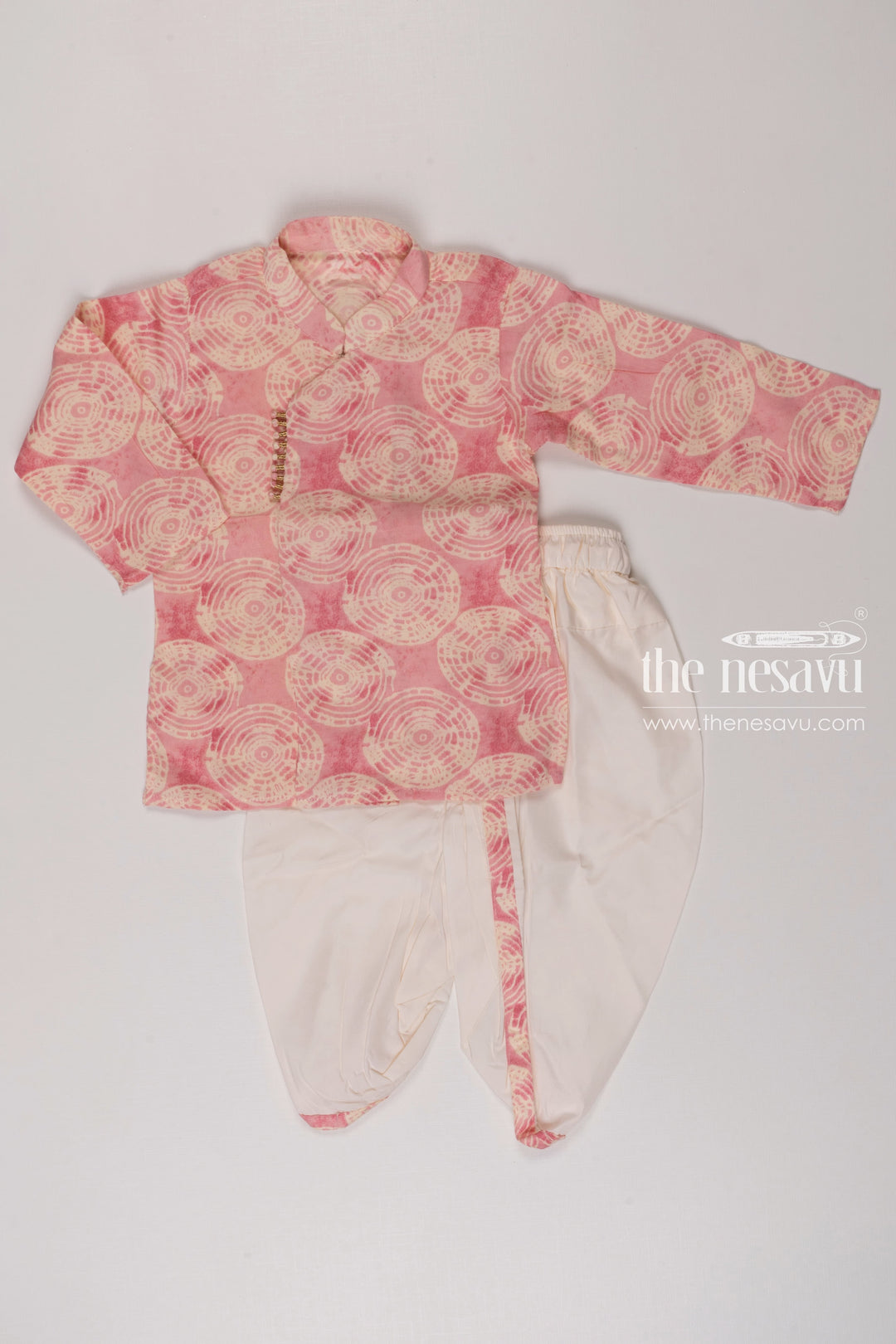 The Nesavu Boys Dothi Set Boys Rosy Spiral Print Kurta with White Dhoti Set Nesavu 12 (3M) / Pink / Cotton BES484B-12 Boys Pink Print Kurta White Dhoti Set | Trendy Festive Attire for Kids | The Nesavu