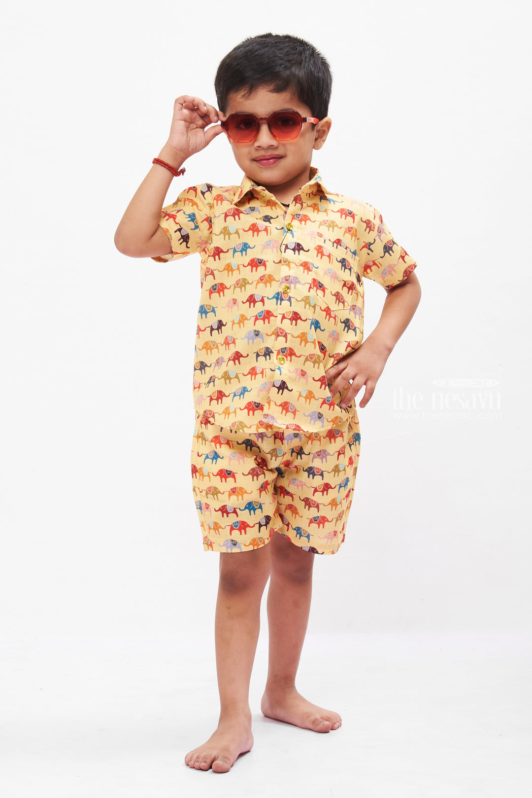 The Nesavu Boys Casual Set Boys Safari Parade Co-ord Set: Vibrant Casual Shirt and Shorts Combo Nesavu 16 (1Y) / Yellow BCS006A-16 Boys Safari Animal Print Casual Set | Fun and Comfortable Kids Outfit | The Nesavu