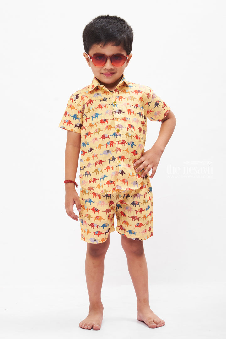 The Nesavu Boys Casual Set Boys Safari Parade Co-ord Set: Vibrant Casual Shirt and Shorts Combo Nesavu Boys Safari Animal Print Casual Set | Fun and Comfortable Kids Outfit | The Nesavu