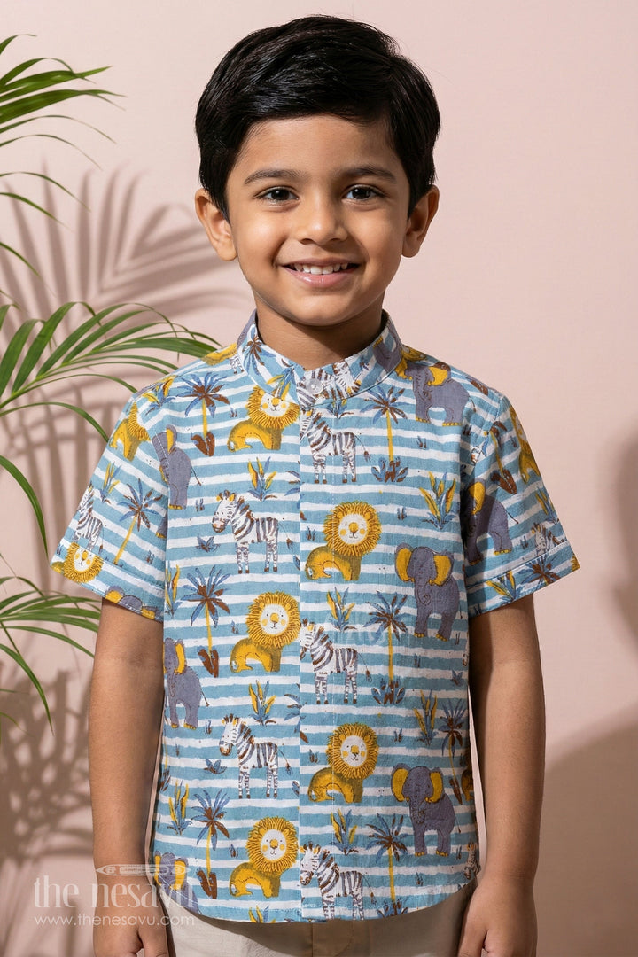 The Nesavu Boys Cotton Shirt Boys Safari Print Cotton Block Shirt with Half Sleeves in Blue Striped Design Nesavu 16 (1Y) / Blue BS241B-16 Boys Safari Print Cotton Block Shirt Half Sleeves Blue Striped Design | The Nesavu