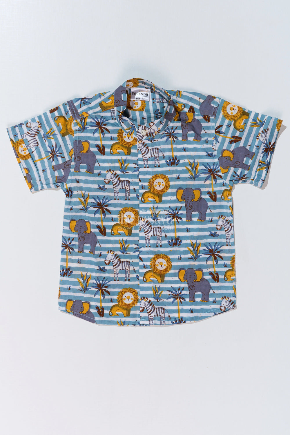 The Nesavu Boys Cotton Shirt Boys Safari Print Cotton Block Shirt with Half Sleeves in Blue Striped Design Nesavu 16 (1Y) / Blue BS241B-16 Nesavu Boys Safari Print Cotton Block Shirt Half Sleeves Blue Striped Design