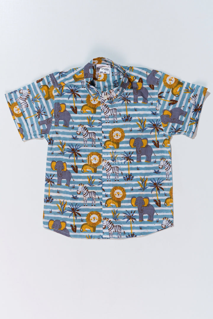 The Nesavu Boys Cotton Shirt Boys Safari Print Cotton Block Shirt with Half Sleeves in Blue Striped Design Nesavu 16 (1Y) / Blue BS241B-16 Nesavu Boys Safari Print Cotton Block Shirt Half Sleeves Blue Striped Design