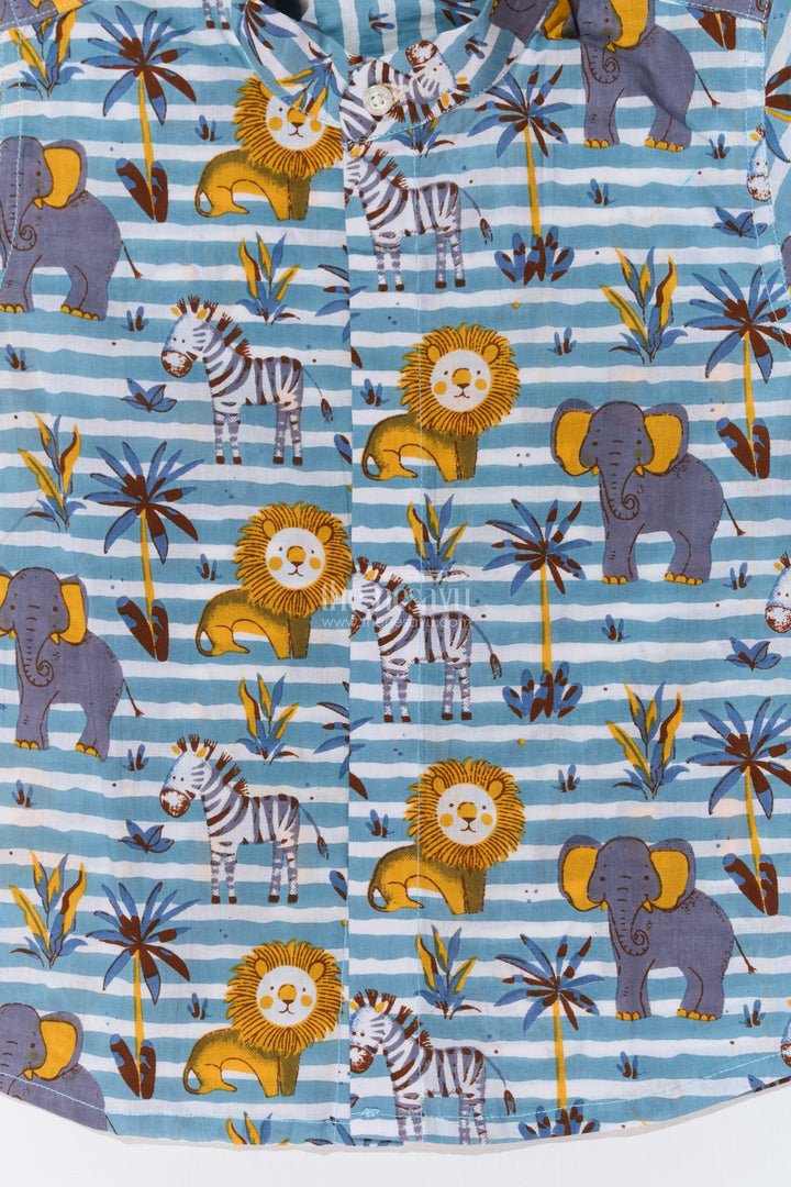 The Nesavu Boys Cotton Shirt Boys Safari Print Cotton Block Shirt with Half Sleeves in Blue Striped Design Nesavu Nesavu Boys Safari Print Cotton Block Shirt Half Sleeves Blue Striped Design
