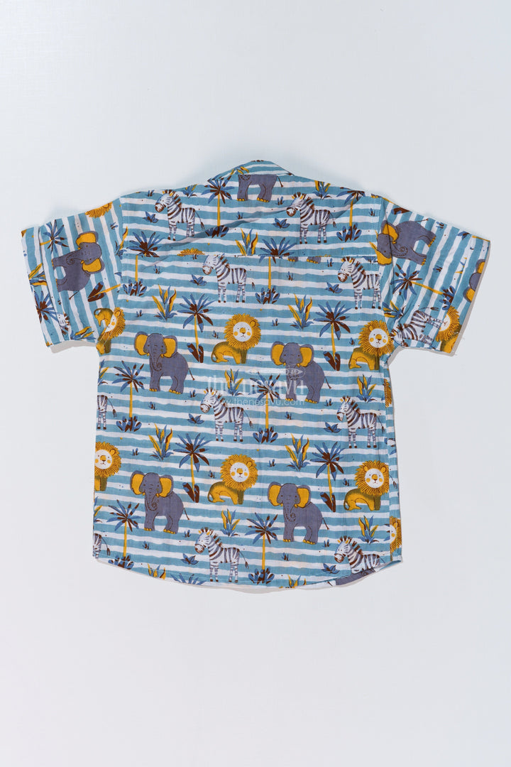 The Nesavu Boys Cotton Shirt Boys Safari Print Cotton Block Shirt with Half Sleeves in Blue Striped Design Nesavu Nesavu Boys Safari Print Cotton Block Shirt Half Sleeves Blue Striped Design