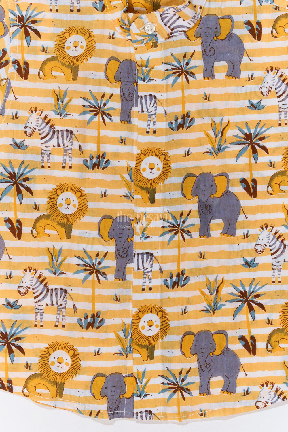 The Nesavu Boys Cotton Shirt Boys Safari-Themed Cotton Block Print Shirt with Half Sleeves in Mustard Yellow Nesavu Nesavu Boys Safari-Themed Cotton Block Print Shirt Half Sleeves Mustard Yellow