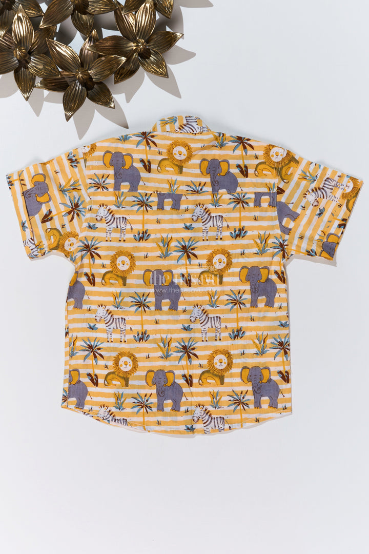 The Nesavu Boys Cotton Shirt Boys Safari-Themed Cotton Block Print Shirt with Half Sleeves in Mustard Yellow Nesavu Nesavu Boys Safari-Themed Cotton Block Print Shirt Half Sleeves Mustard Yellow