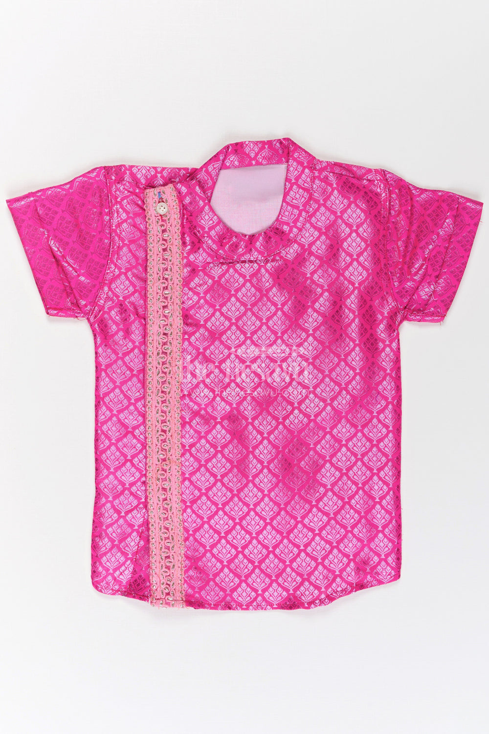 The Nesavu Boys Silk Shirt Boys Semi Banaras Pink Silk Shirt with Woven Motifs and Delicate Front Embroidered Trim Nesavu Boys Semi Banaras Pink Silk Shirt Woven Texture Decorative Zari Front Trim | The Nesavu