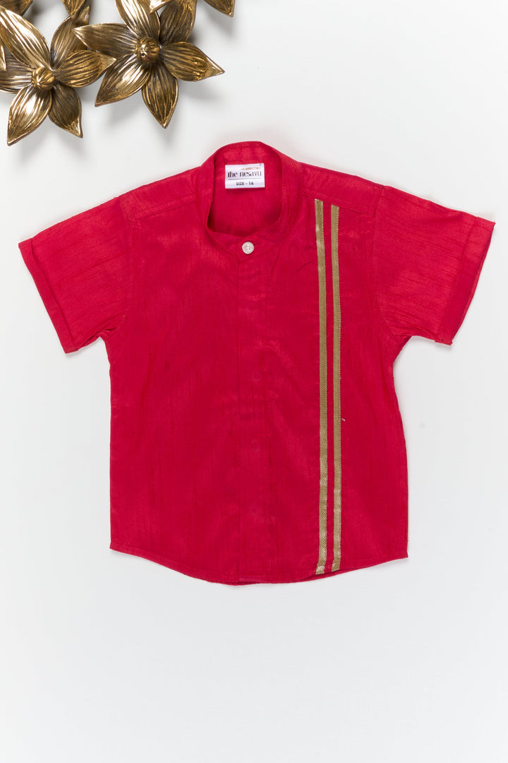 The Nesavu Boys Silk Shirt Boys Semi Raw Silk Shirt for Weddings and Festive Occasions Nesavu 14 (6M) / Pink / Silk Blend BS398B-14 Nesavu boys semi raw silk shirt with tissue stripes for weddings and traditional functions