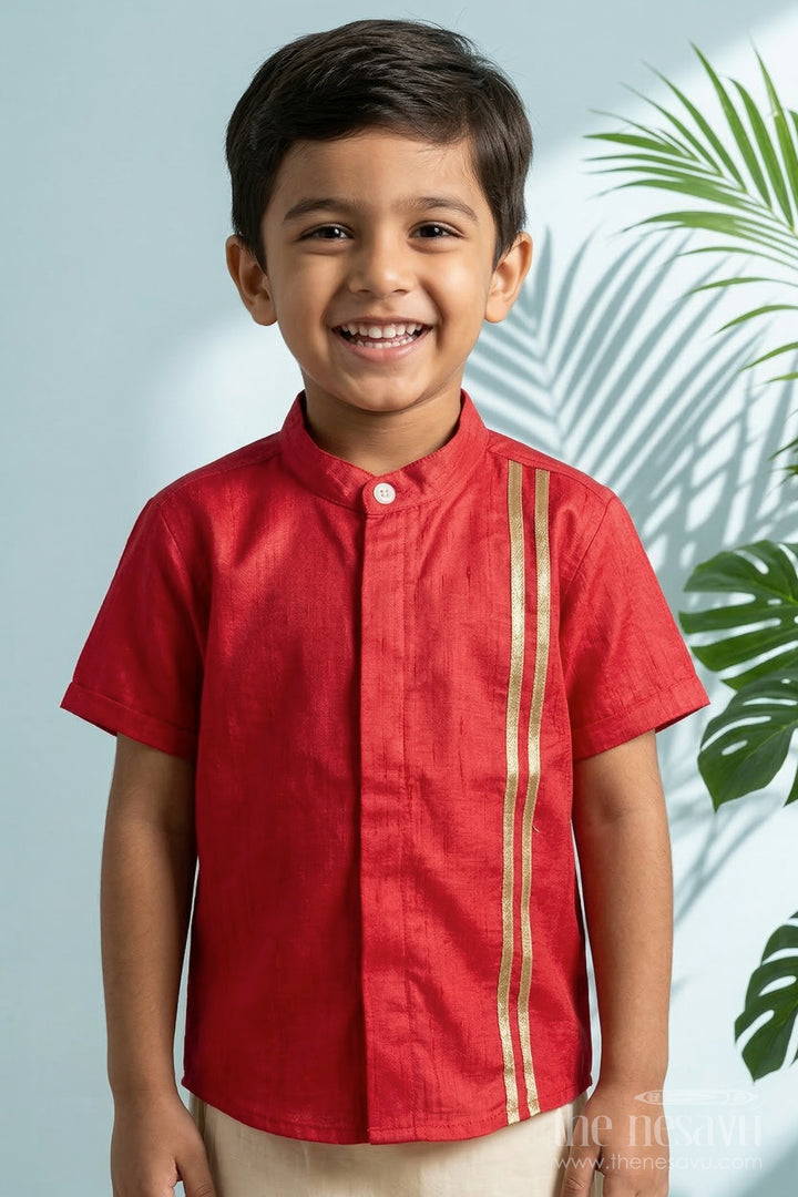 The Nesavu Boys Silk Shirt Boys Semi Raw Silk Shirt for Weddings and Festive Occasions Nesavu 14 (6M) / Pink / Silk Blend BS398B-14 Nesavu boys semi raw silk shirt with tissue stripes for weddings and traditional functions