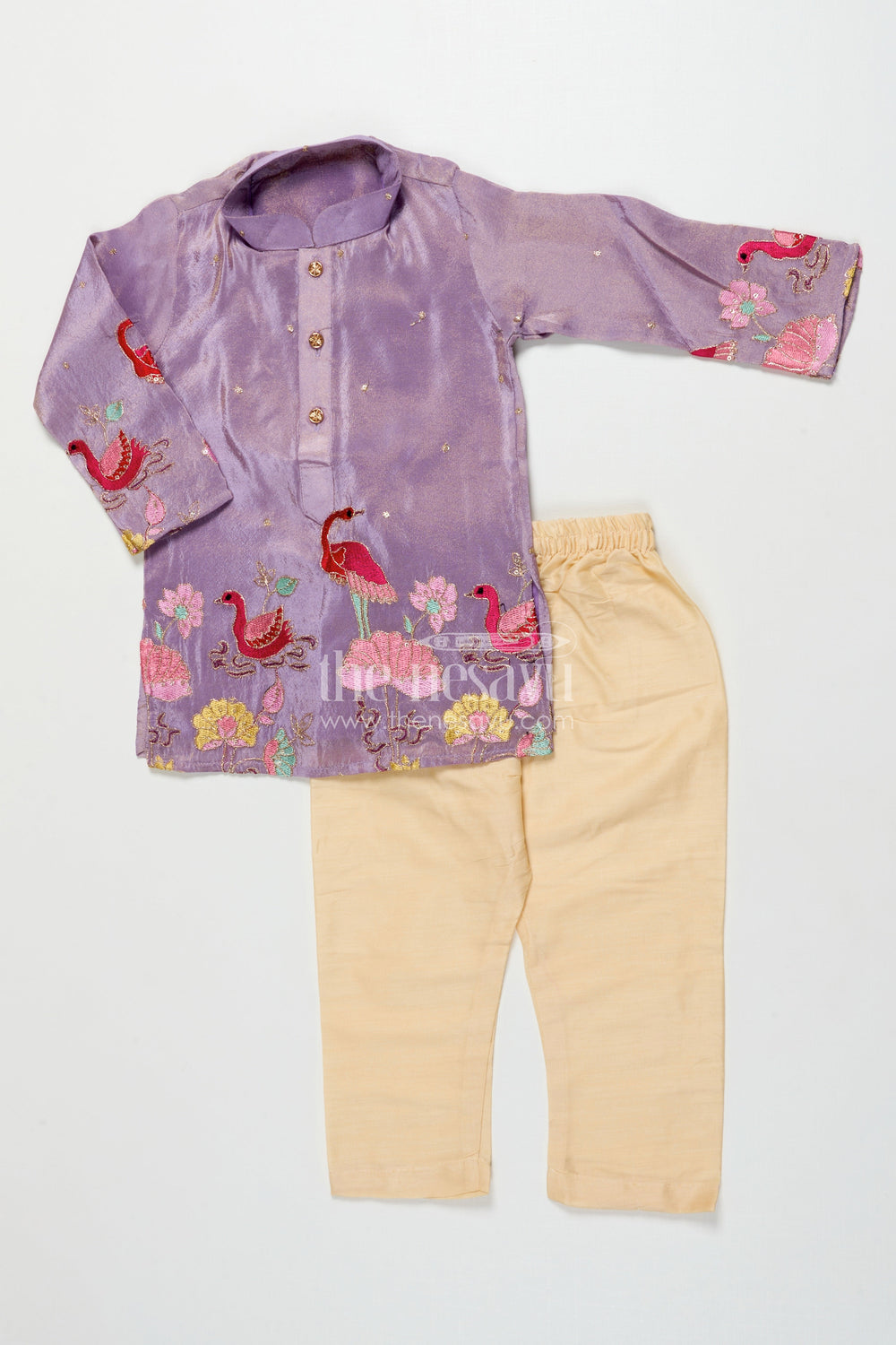 The Nesavu Boys Kurtha Set Boys Sequin Embroidered Kurta Set for Receptions and Festive Functions Nesavu 16 (1Y) / Purple BES854A-16 Nesavu boys sequin embroidered silk kurta set bird motifs perfect festive celebrations receptions