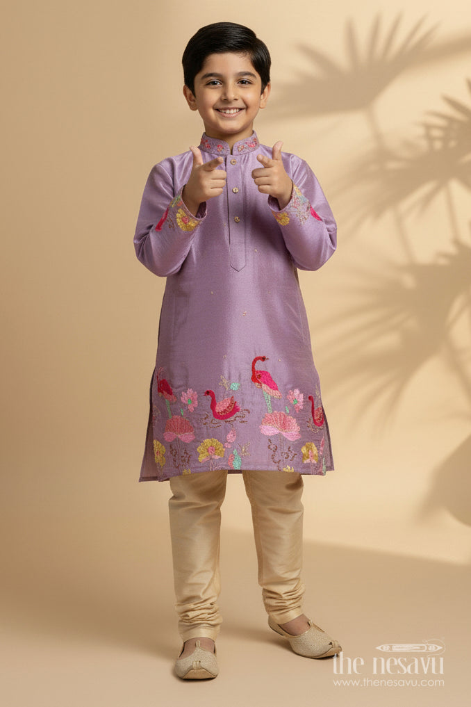 The Nesavu Boys Kurtha Set Boys Sequin Embroidered Kurta Set for Receptions and Festive Functions Nesavu 16 (1Y) / Purple BES854A-16 Nesavu boys sequin embroidered silk kurta set bird motifs perfect festive celebrations receptions