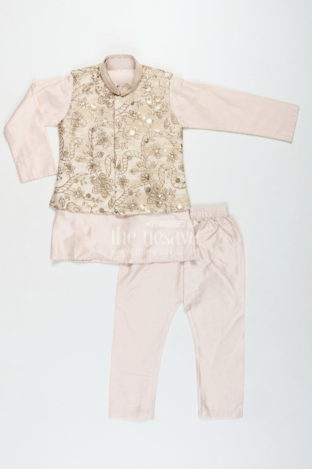 The Nesavu Boys Jacket Sets Boys Sherwani Jacket in Beige Viscose Blend with Sequin Embroidery and Coordinated Kurta Pants Nesavu 18 (2Y) / Cream BES712A-18 Nesavu Boys Beige Sherwani Jacket Embroidered Sequins Viscose Fabric Coordinated Set