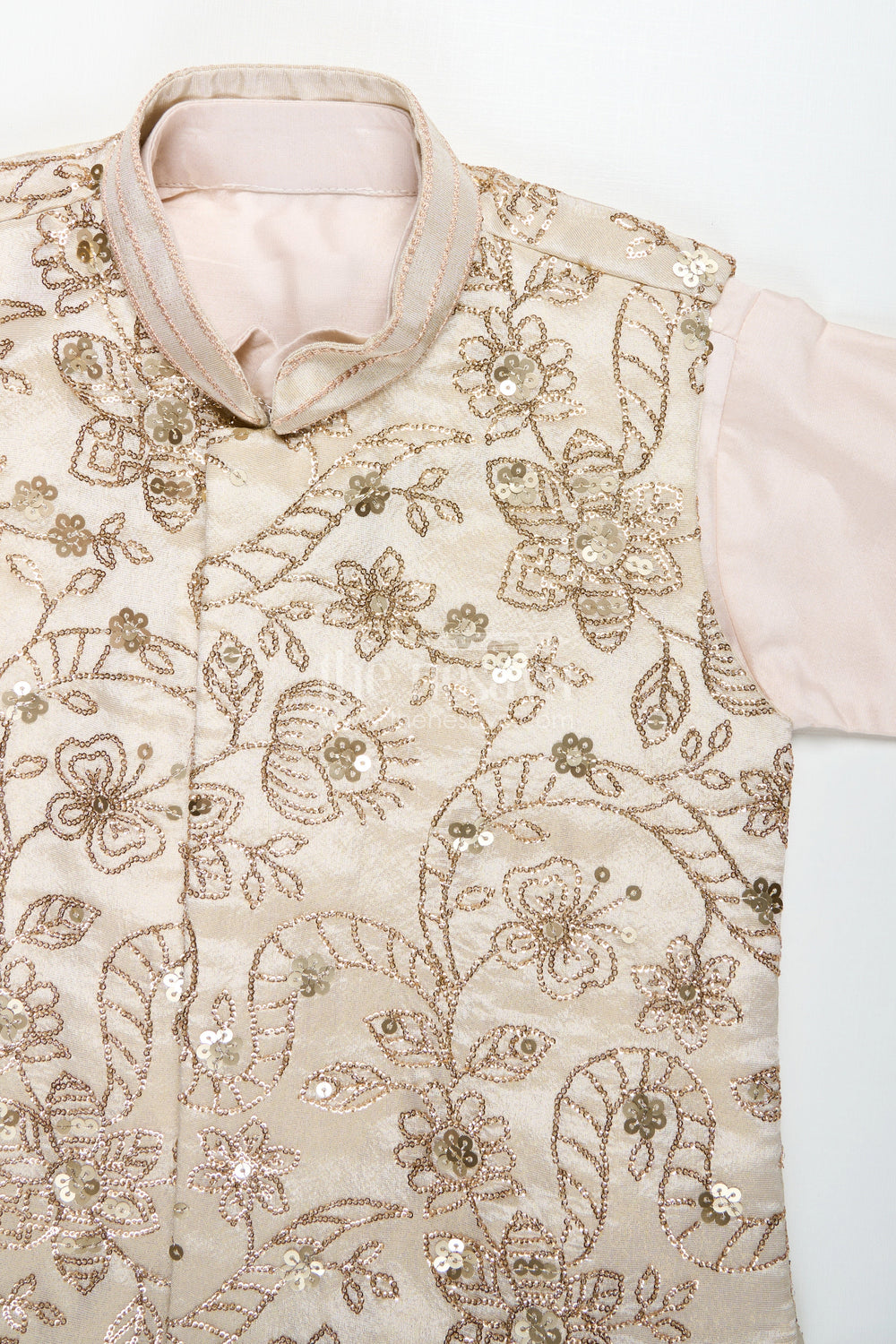 The Nesavu Boys Jacket Sets Boys Sherwani Jacket in Beige Viscose Blend with Sequin Embroidery and Coordinated Kurta Pants Nesavu Nesavu Boys Beige Sherwani Jacket Embroidered Sequins Viscose Fabric Coordinated Set