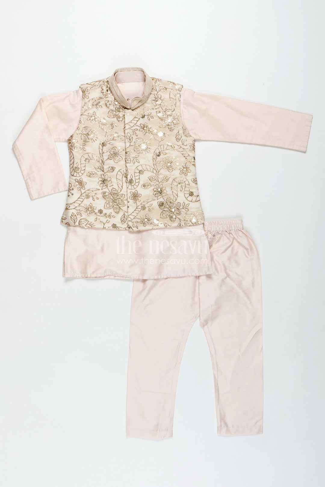 The Nesavu Boys Jacket Sets Boys Sherwani Jacket in Beige Viscose Blend with Sequin Embroidery and Coordinated Kurta Pants Nesavu Nesavu Boys Beige Sherwani Jacket Embroidered Sequins Viscose Fabric Coordinated Set