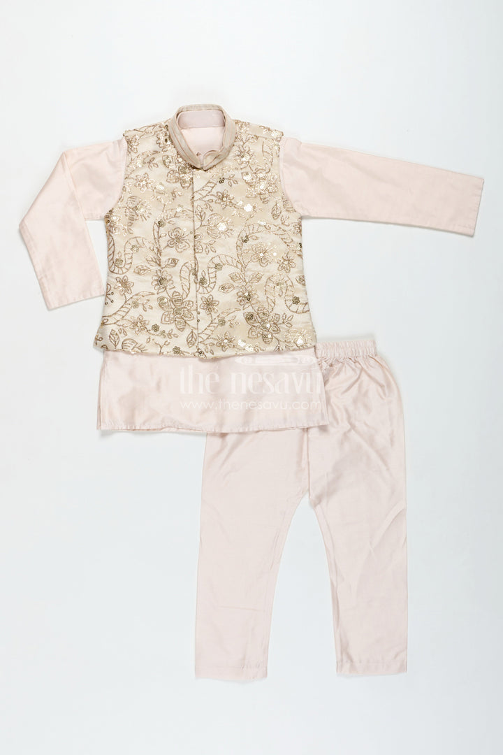 The Nesavu Boys Jacket Sets Boys Sherwani Jacket in Beige Viscose Blend with Sequin Embroidery and Coordinated Kurta Pants Nesavu Nesavu Boys Beige Sherwani Jacket Embroidered Sequins Viscose Fabric Coordinated Set