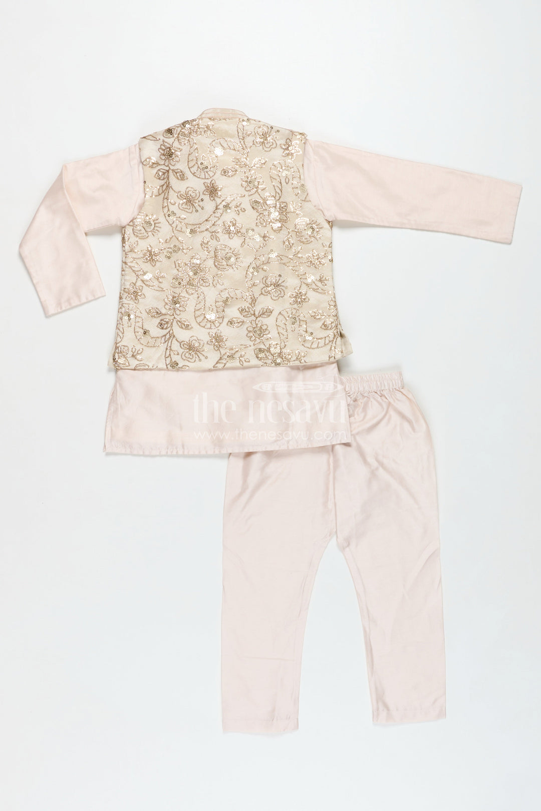 The Nesavu Boys Jacket Sets Boys Sherwani Jacket in Beige Viscose Blend with Sequin Embroidery and Coordinated Kurta Pants Nesavu Nesavu Boys Beige Sherwani Jacket Embroidered Sequins Viscose Fabric Coordinated Set
