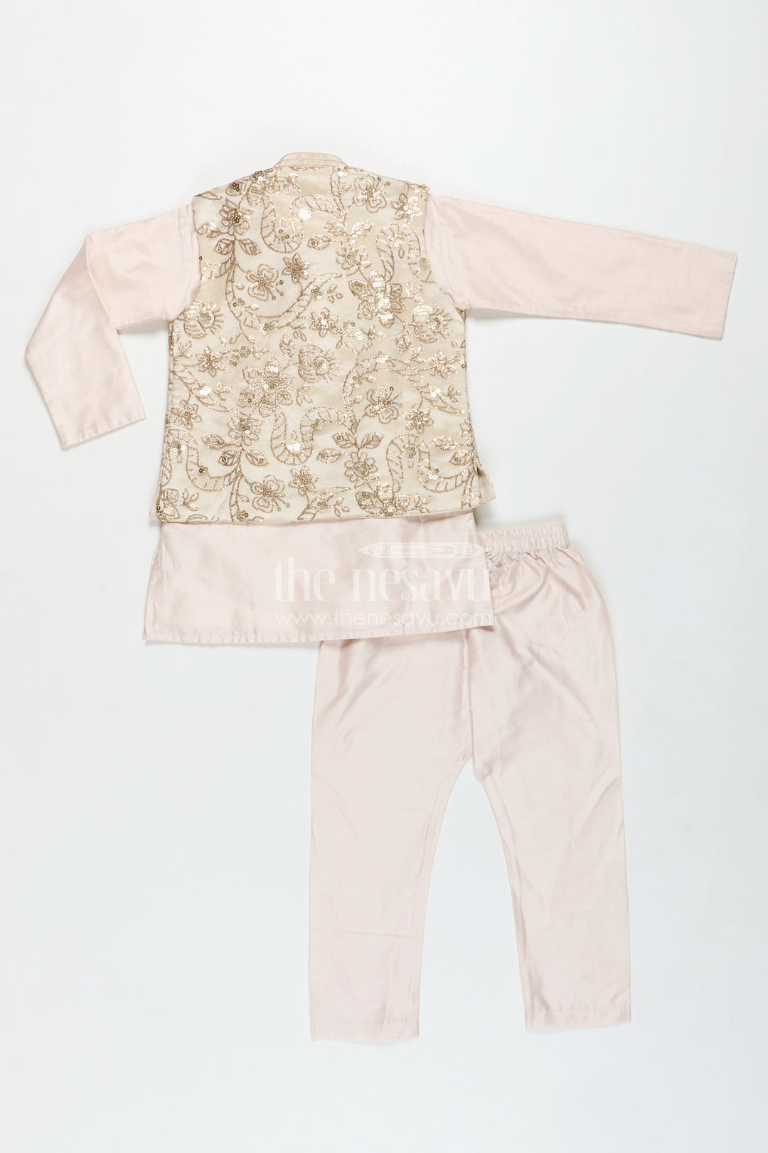 The Nesavu Boys Jacket Sets Boys Sherwani Jacket in Beige Viscose Blend with Sequin Embroidery and Coordinated Kurta Pants Nesavu Nesavu Boys Beige Sherwani Jacket Embroidered Sequins Viscose Fabric Coordinated Set
