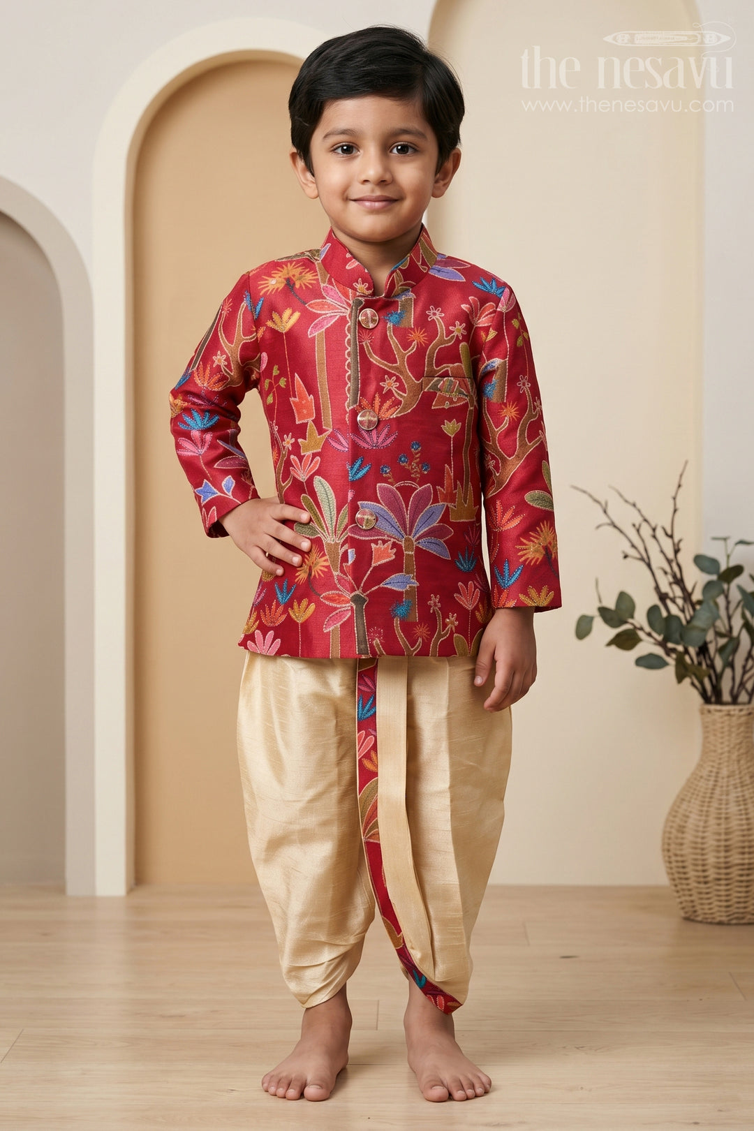 The Nesavu Boys Sherwani Boys Sherwani Outfit for Wedding Ceremonies and Festive Occasions Nesavu 12 (3M) / Red / Viscose BES1004AB-12 Nesavu Boys Sherwani Outfit For Wedding Ceremonies With Embroidered Viscose Silk Festive Wear Set