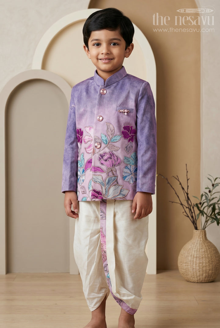 The Nesavu Boys Sherwani Boys Sherwani Set for Celebrations and Festive Occasions Nesavu 14 (6M) / Purple / Viscose Silk BES1014B-14 Nesavu Boys Sherwani Set For Weddings Viscose Silk With Digital Print Festive Ethnic Outfit