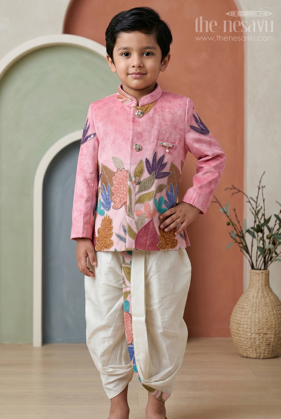 The Nesavu Boys Sherwani Boys Sherwani Set for Festival and Traditional Functions Nesavu 14 (6M) / Pink / Viscose Silk BES1015C-14 Nesavu Boys Sherwani Set Viscose Silk With Sequence Embroidery For Festive And Traditional Wear
