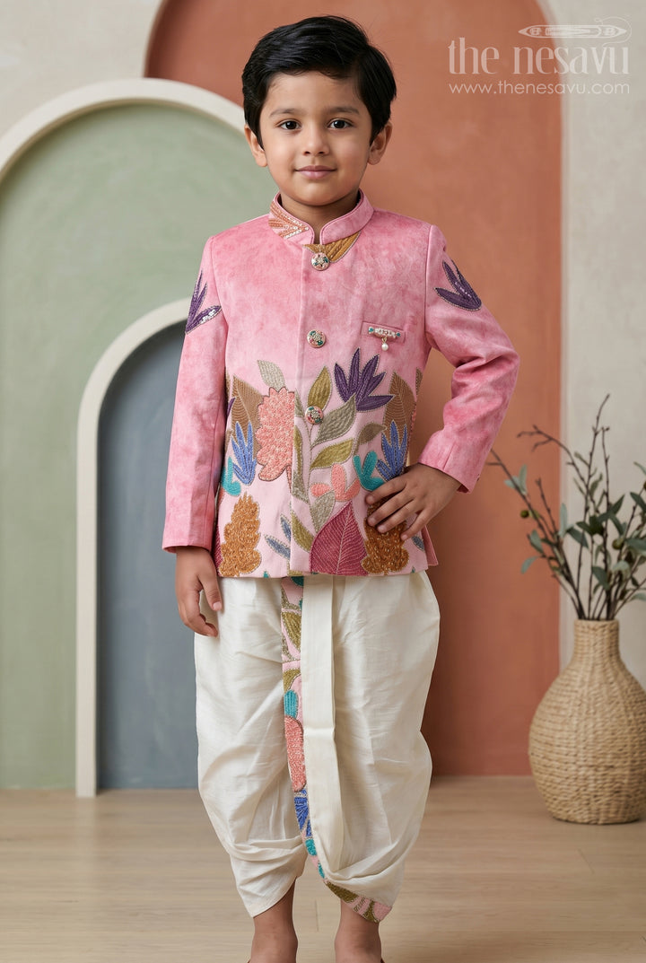The Nesavu Boys Sherwani Boys Sherwani Set for Festival and Traditional Functions Nesavu 14 (6M) / Pink / Viscose Silk BES1015C-14 Nesavu Boys Sherwani Set Viscose Silk With Sequence Embroidery For Festive And Traditional Wear