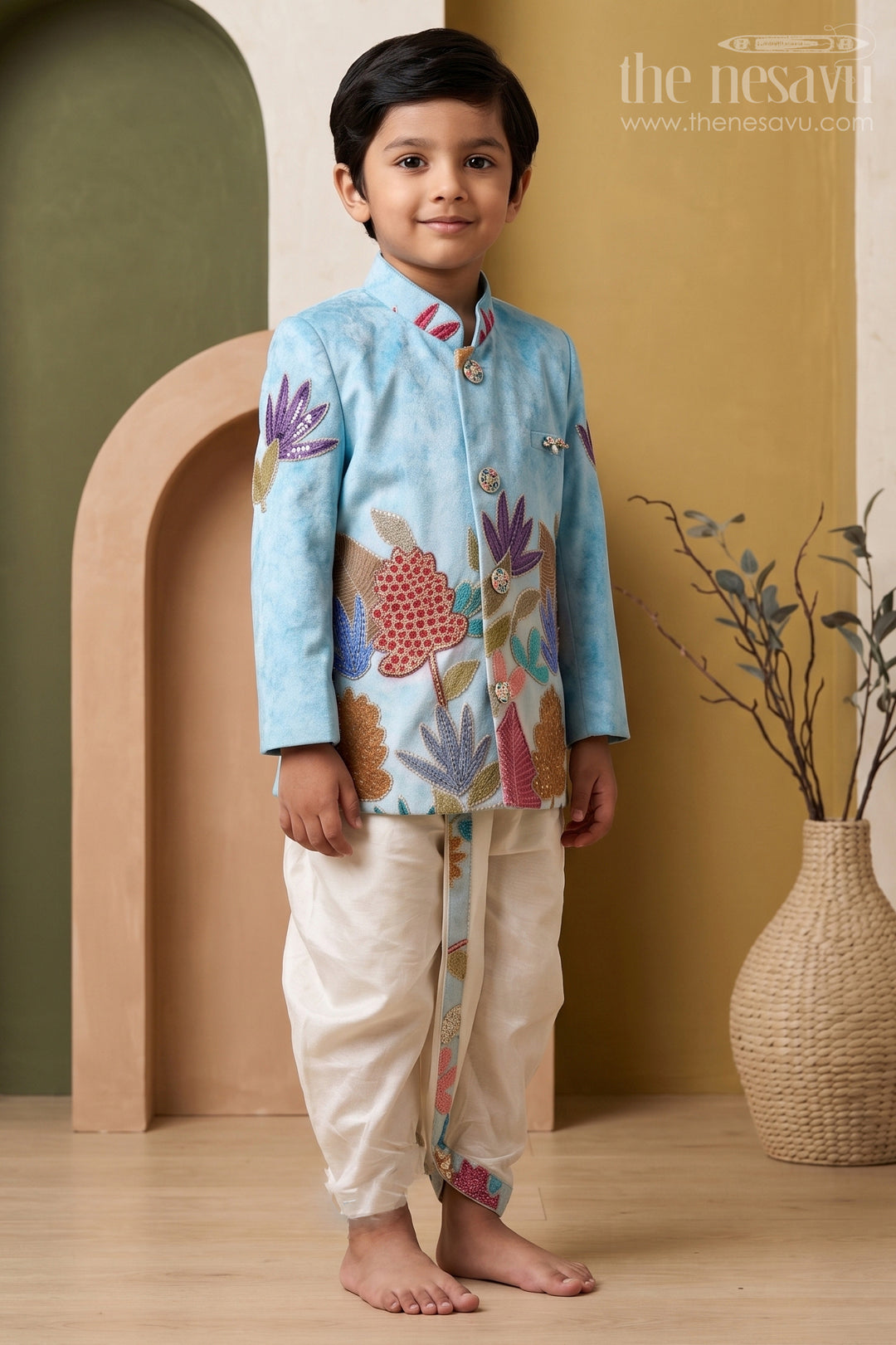 The Nesavu Boys Sherwani Boys Sherwani Set for Festive Occasions and Weddings Nesavu 14 (6M) / Blue / Viscose Silk BES1015B-14 Nesavu Boys Sherwani Set With Sequence Embroidery Viscose Silk For Weddings And Festive Wear
