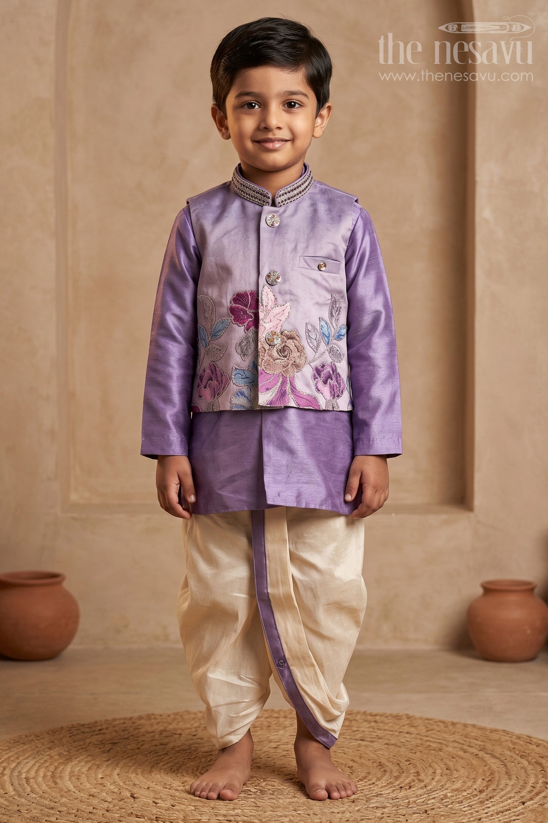 The Nesavu Boys Dothi Set Boys Sherwani Set for Festive Wear and Cultural Celebrations Nesavu 14 (6M) / Purple / Viscose BES1011B-14 Nesavu Boys Sherwani Set For Festive Wear With Designer Jacket And Traditional Dhoti Outfit