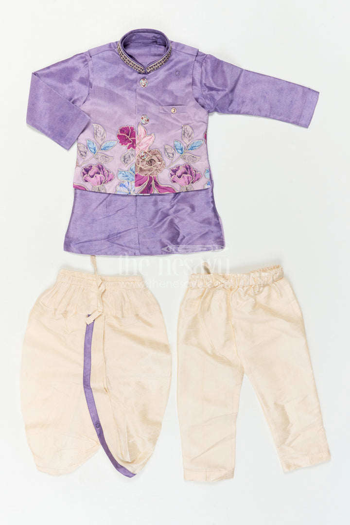 The Nesavu Boys Dothi Set Boys Sherwani Set for Festive Wear and Cultural Celebrations Nesavu Nesavu Boys Sherwani Set For Festive Wear With Designer Jacket And Traditional Dhoti Outfit