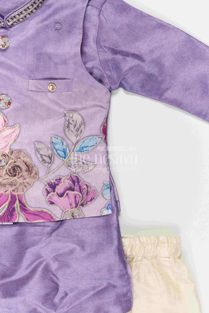 The Nesavu Boys Dothi Set Boys Sherwani Set for Festive Wear and Cultural Celebrations Nesavu Nesavu Boys Sherwani Set For Festive Wear With Designer Jacket And Traditional Dhoti Outfit